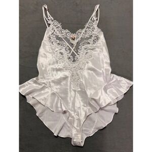 California Dynasty White Satin Lace Ruffle Teddy Lingerie Babydoll Quiet Luxury
